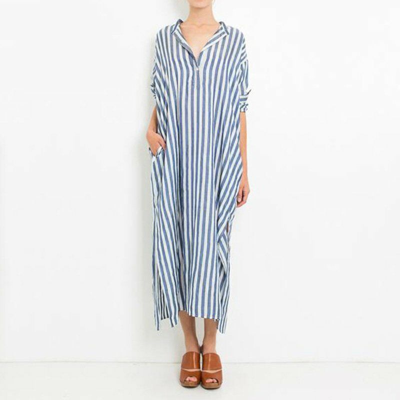 

Nuevo vestido a rayas de talla grande para mujer, vestido largo maxi, vestido largo hasta el tobillo con dobladillo dividido y cuello en V holgado