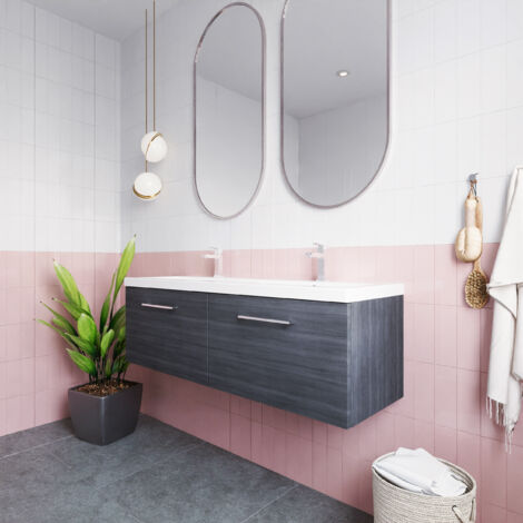 Nuie Arno Anthracite Woodgrain 1200mm Wall Hung 2 Drawer Vanity Unit with Double Ceramic Basins - ARN522F
