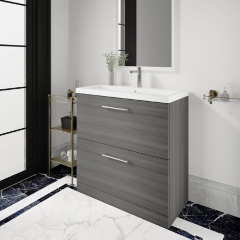 Nuie Arno Anthracite Woodgrain 800mm 2 Drawer Vanity Unit and Curved Ceramic Basin - ARN535G
