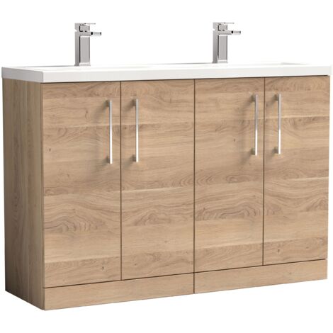 Nuie Arno Bleached Oak Woodgrain 1200mm 4 Door Vanity Unit with Double Ceramic Basins - ARN3003F