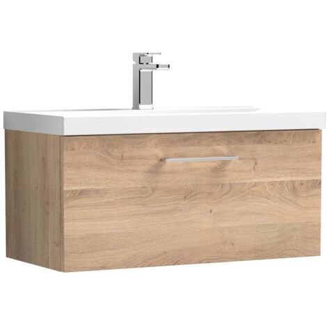 Nuie Arno Bleached Oak Woodgrain 800mm Wall Hung Single Drawer Vanity Unit and Mid Edge Ceramic Basin - ARN3025A
