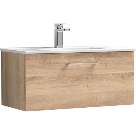 Nuie Arno Bleached Oak Woodgrain 800mm Wall Hung Single Drawer Vanity Unit and Minimalist Ceramic Basin - ARN3025B