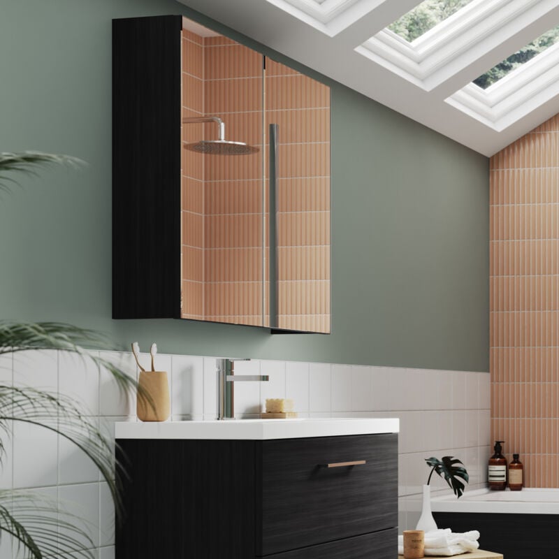 Arno Mirrored Bathroom Cabinet (50/50) 715mm h x 600mm w - Black Woodgrain - Nuie