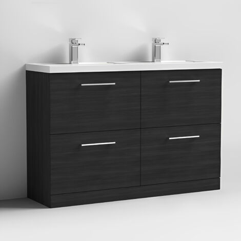 Nuie Arno Charcoal Black Woodgrain 1200mm 4 Drawer Vanity Unit and Double Polymarble Basins - ARN633C