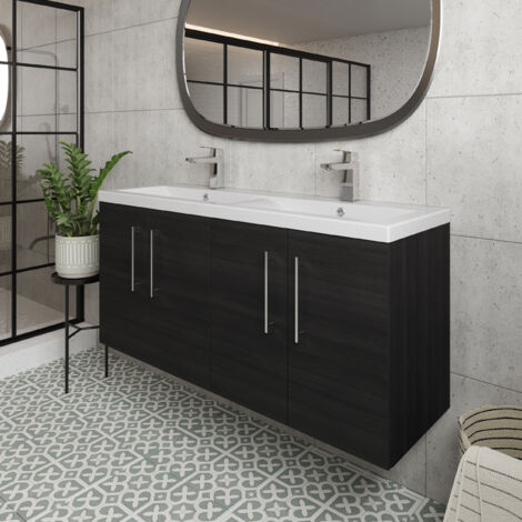 Nuie Arno Charcoal Black Woodgrain 1200mm Wall Hung 4 Door Vanity Unit and Double Polymarble Basins - ARN623C