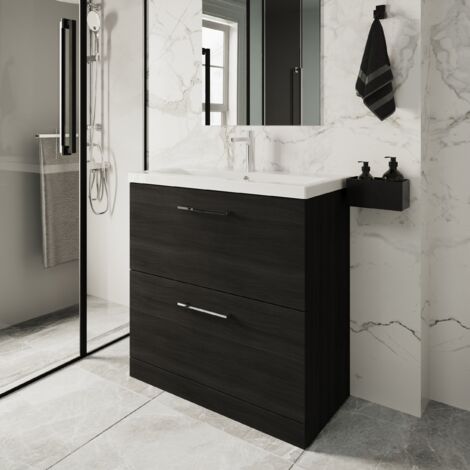 Nuie Arno Charcoal Black Woodgrain 800mm 2 Drawer Vanity Unit and Thin Edge Ceramic Basin - ARN635D