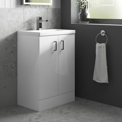 Nuie Arno Compact Floor Standing 2-Door Vanity Unit with Ceramic Basin 500mm Wide - Gloss White