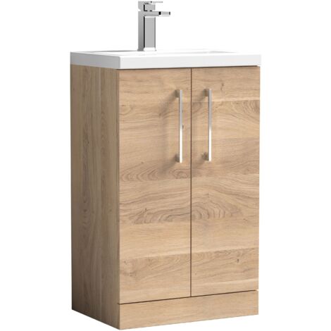 Nuie Arno Compact Floor Standing 2-Door Vanity Unit with Polymarble Basin 500mm Wide - Bleached Oak