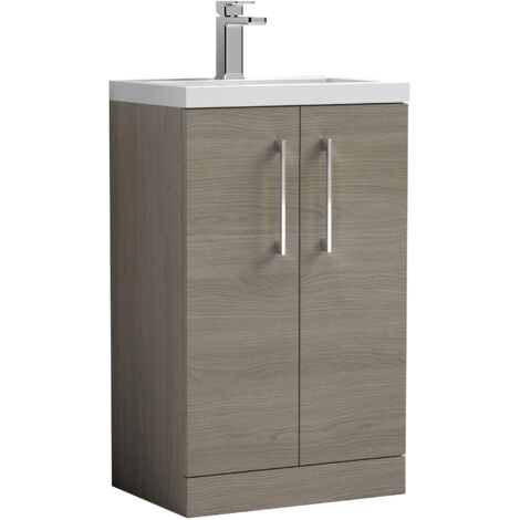 Nuie Arno Compact Floor Standing 2-Door Vanity Unit with Polymarble Basin 500mm Wide - Solace Oak Woodgrain