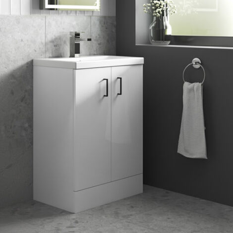 Nuie Arno Compact Floor Standing 2-Door Vanity Unit with Polymarble Basin 600mm Wide - Gloss White