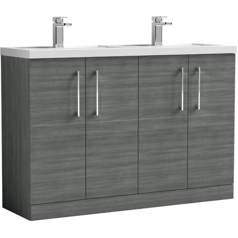 Nuie Arno Floor Standing 4-Door Vanity Unit with Double Polymarble Basin 1200mm Wide - Anthracite Woodgrain