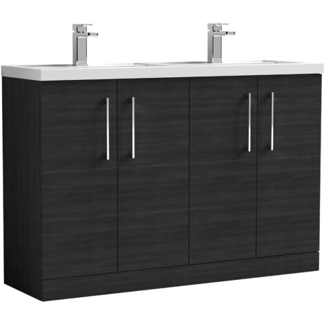 Nuie Arno Floor Standing 4-Door Vanity Unit with Double Polymarble Basin 1200mm Wide - Black Woodgrain