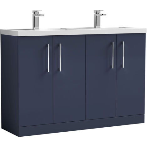 Nuie Arno Floor Standing 4-Door Vanity Unit with Double Polymarble Basin 1200mm Wide - Midnight Blue