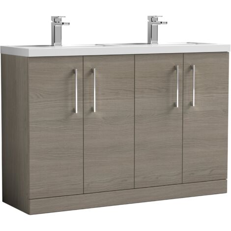 Nuie Arno Floor Standing 4-Door Vanity Unit with Double Polymarble Basin 1200mm Wide - Solace Oak
