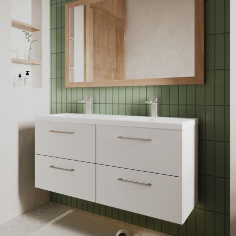 Nuie Arno Gloss White 1200mm Wall Hung 4 Drawer Vanity Unit and Double Polymarble Basins - ARN124C