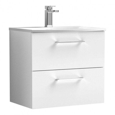 Nuie Arno Gloss White 600mm Wall Hung 2 Drawer Vanity Unit and Curved Ceramic Basin - ARN124G
