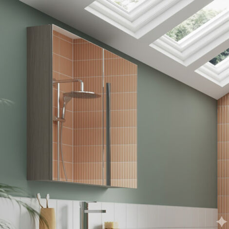Nuie Arno Mirrored Bathroom Cabinet (50/50) 715mm H x 600mm W - Solace Oak Woodgrain