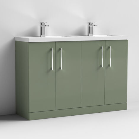 Nuie Arno Satin Green 1200mm 4 Door Vanity Unit and Double Polymarble Basins - ARN803C