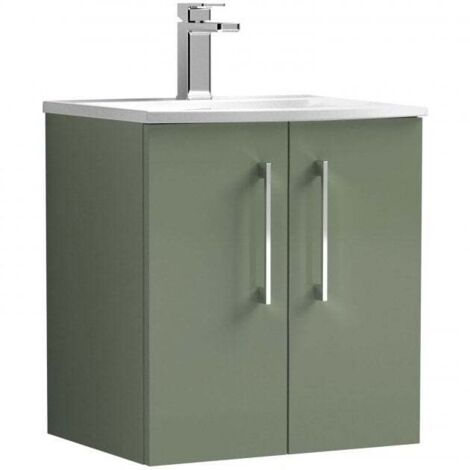 Nuie Arno Satin Green 500mm Wall Hung 2 Door Vanity Unit and Curved Ceramic Basin - ARN821G