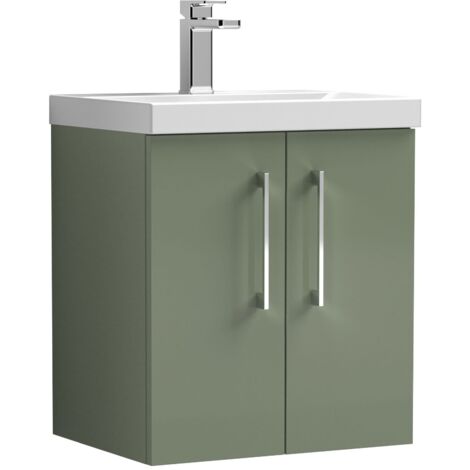 Nuie Arno Satin Green 500mm Wall Hung 2 Door Vanity Unit and Mid Edge Ceramic Basin - ARN821A