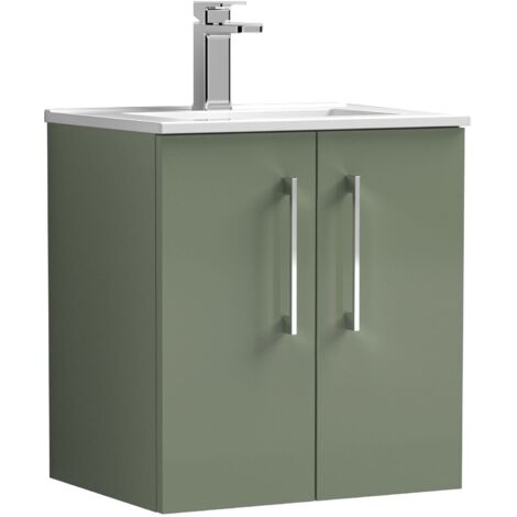Nuie Arno Satin Green 500mm Wall Hung 2 Door Vanity Unit and Minimalist Ceramic Basin - ARN821B