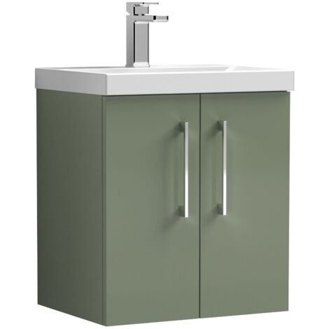 Nuie Arno Satin Green 500mm Wall Hung 2 Door Vanity Unit and Thin Edge Ceramic Basin - ARN821D
