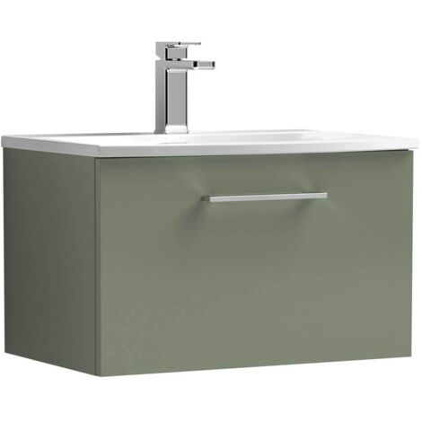 Nuie Arno Satin Green 600mm Wall Hung Single Drawer Vanity Unit and Curved Ceramic Basin - ARN822G