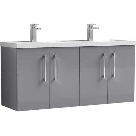 Nuie Arno Satin Grey 1200mm Wall Hung 4 Door Vanity Unit and Double Polymarble Basins - ARN2223C