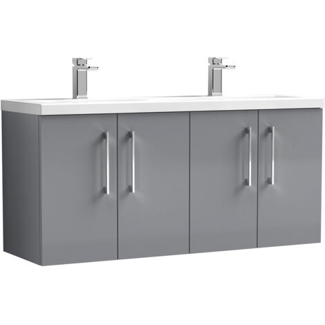 Nuie Arno Satin Grey 1200mm Wall Hung 4 Door Vanity Unit with Double Ceramic Basins - ARN2223F
