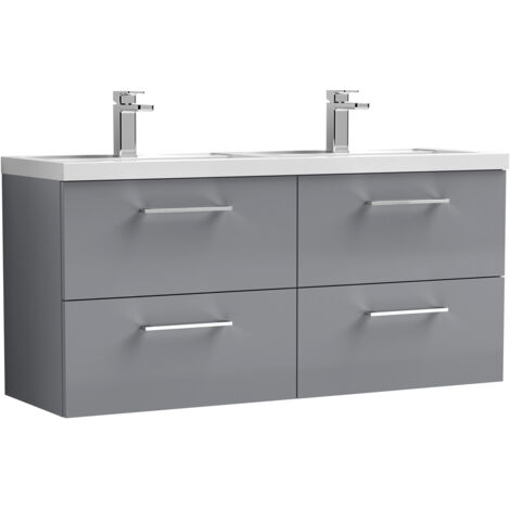 Nuie Arno Satin Grey 1200mm Wall Hung 4 Drawer Vanity Unit and Double Polymarble Basins - ARN2224C