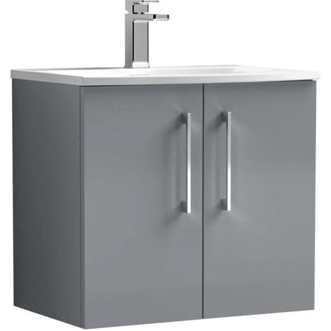 Nuie Arno Satin Grey 600mm Wall Hung 2 Door Vanity Unit and Curved Ceramic Basin - ARN2223G