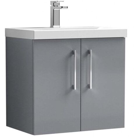Nuie Arno Satin Grey 600mm Wall Hung 2 Door Vanity Unit and Thin Edge Ceramic Basin - ARN2223D
