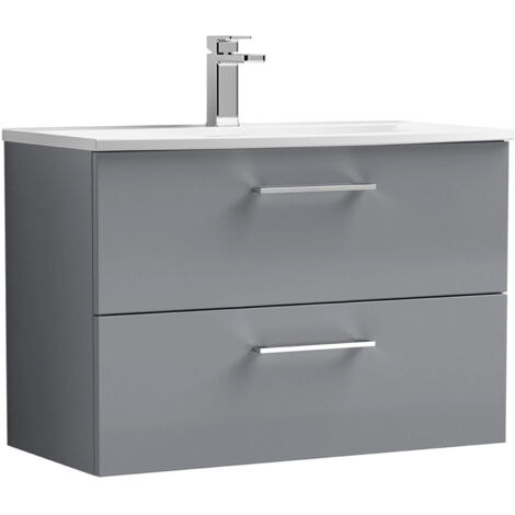 Nuie Arno Satin Grey 800mm Wall Hung 2 Drawer Vanity Unit and Curved Ceramic Basin - ARN2226G