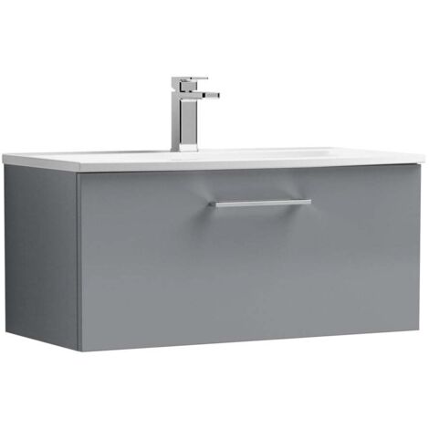 Nuie Arno Satin Grey 800mm Wall Hung Single Drawer Vanity Unit and Curved Ceramic Basin - ARN2225G