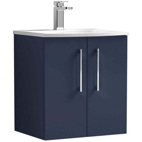 Nuie Arno Satin Midnight Blue 500mm Wall Hung 2 Door Vanity Unit and Curved Ceramic Basin - ARN2921G