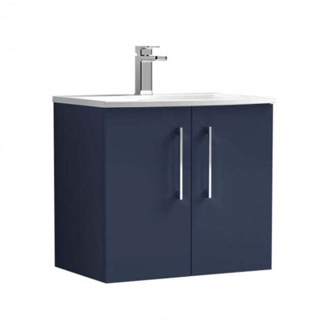 Nuie Arno Satin Midnight Blue 600mm Wall Hung 2 Door Vanity Unit and Curved Ceramic Basin - ARN2923G