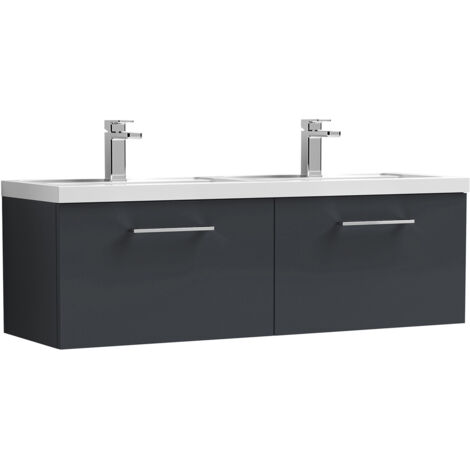 Nuie Arno Satin Soft Black 1200mm Wall Hung 2 Drawer Vanity Unit and Double Polymarble Basins - ARN1422C