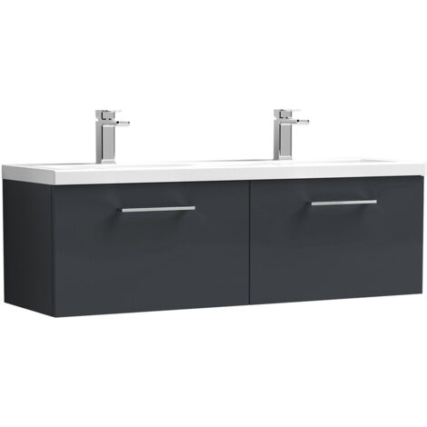 Nuie Arno Satin Soft Black 1200mm Wall Hung 2 Drawer Vanity Unit with Double Ceramic Basins - ARN1422F
