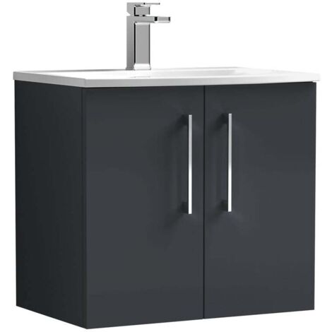 Nuie Arno Satin Soft Black 600mm Wall Hung 2 Door Vanity Unit and Curved Ceramic Basin - ARN1423G