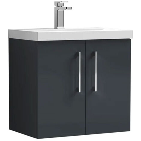Nuie Arno Satin Soft Black 600mm Wall Hung 2 Door Vanity Unit and Mid Edge Ceramic Basin - ARN1423A