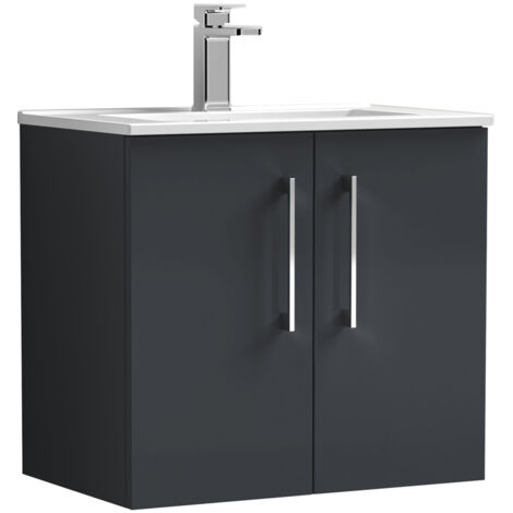 Nuie Arno Satin Soft Black 600mm Wall Hung 2 Door Vanity Unit and Minimalist Ceramic Basin - ARN1423B