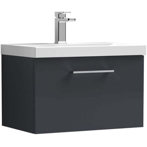 Nuie Arno Satin Soft Black 600mm Wall Hung Single Drawer Vanity Unit and Mid Edge Ceramic Basin - ARN1422A