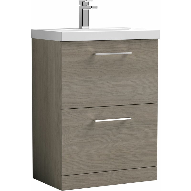 Arno Floor Standing 2-Drawer Vanity Unit with Basin-1 600mm Wide - Solace Oak Woodgrain - Nuie