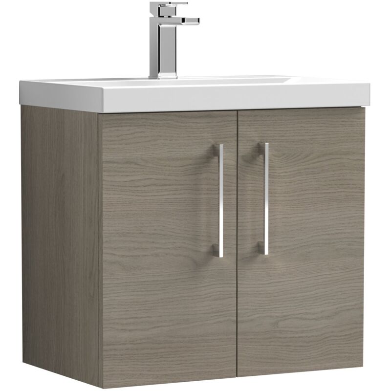 Arno Wall Hung 2-Door Vanity Unit with Basin-1 600mm Wide - Solace Oak Woodgrain - Nuie