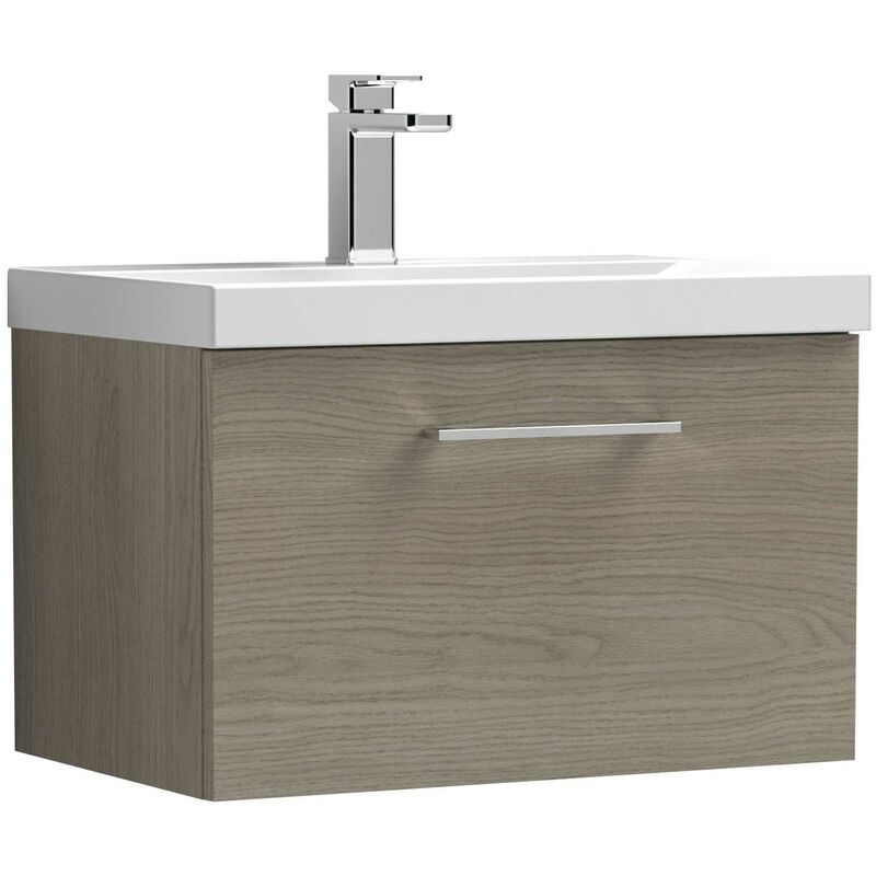 Arno Wall Hung 1-Drawer Vanity Unit with Basin-1 600mm Wide - Solace Oak Woodgrain - Nuie