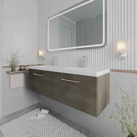 Nuie Arno Solace Oak Woodgrain 1200mm Wall Hung 2 Drawer Vanity Unit and Double Polymarble Basins - ARN2522C