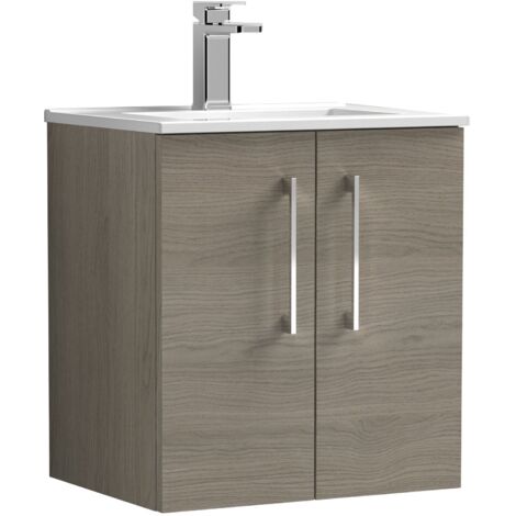 Nuie Arno Solace Oak Woodgrain 500mm Wall Hung 2 Door Vanity Unit and Minimalist Ceramic Basin - ARN2521B