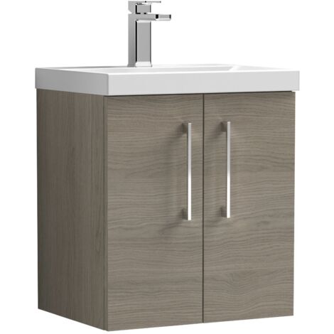 Nuie Arno Solace Oak Woodgrain 500mm Wall Hung 2 Door Vanity Unit and Thin Edge Ceramic Basin - ARN2521D