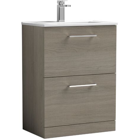 Nuie Arno Solace Oak Woodgrain 600mm 2 Drawer Vanity Unit and Minimalist Ceramic Basin - ARN2533B