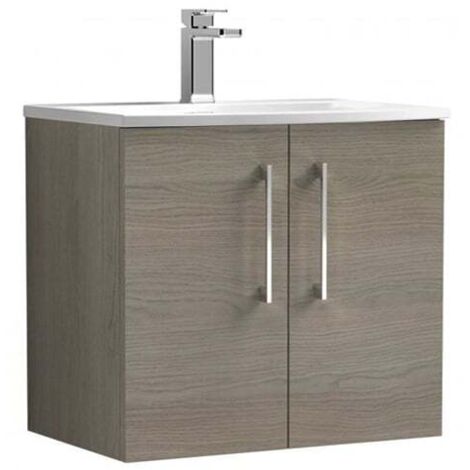 Nuie Arno Solace Oak Woodgrain 600mm Wall Hung 2 Door Vanity Unit and Curved Ceramic Basin - ARN2523G
